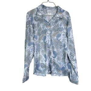 Blair Vintage pastel dusty blue floral paisley long sleeve button up top MEDIUM‎